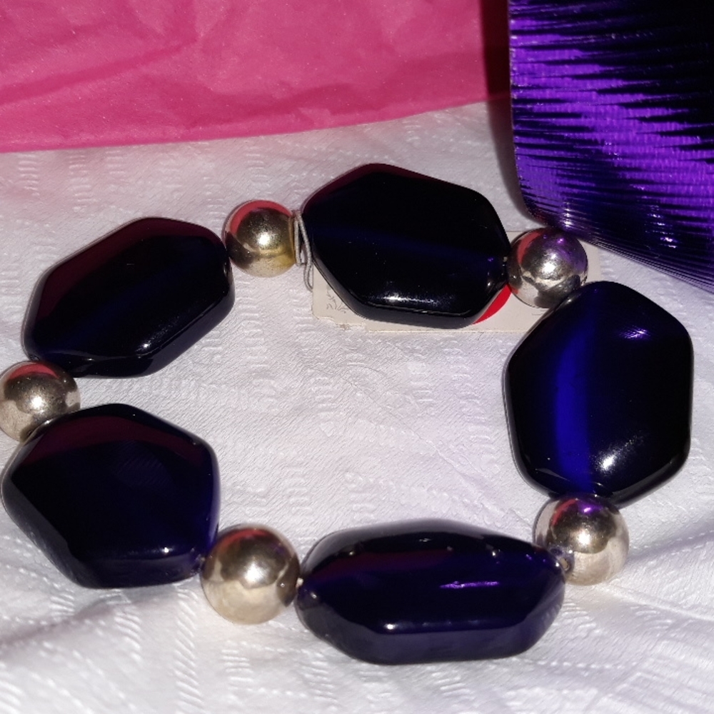 Bracelet Dark Cobalt Blue Adjustable Bracelet with Silver spacer beads. Osfm